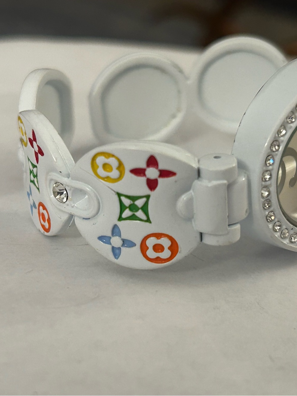 White LV Crystal Watch Cuff Bracelet New Battery